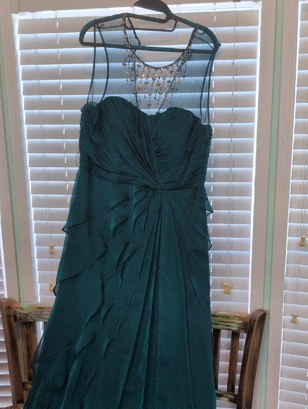 Adrianna Papell Teal Strapless Chiffon Evening Gown with Sheer Jeweled Yoke